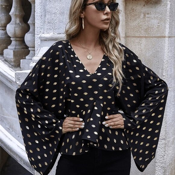 Gold Dot Black Long Sleeve Blouse By C+D+M Collection XL flare sleeve - Picture 1 of 14